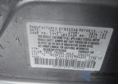 2015 Nissan Sentra Sr z USA, uszkodzony, nr VIN 3N1AB7AP1FY342948
